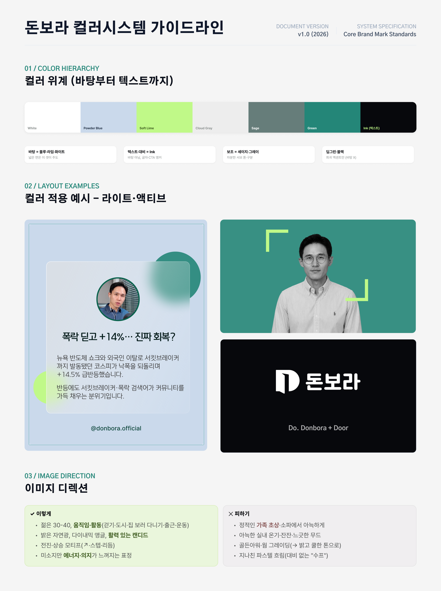 돈보라의 컬러 위계, 라이트·액티브 적용 예시, 이미지 디렉션을 정리한 컬러 시스템 가이드라인