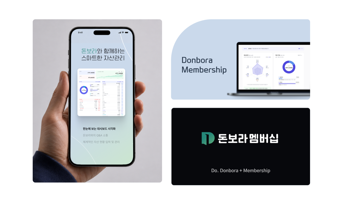 돈보라 멤버십의 모바일 대시보드 화면, 웹 자산 분석 화면, 브랜드 로고 목업